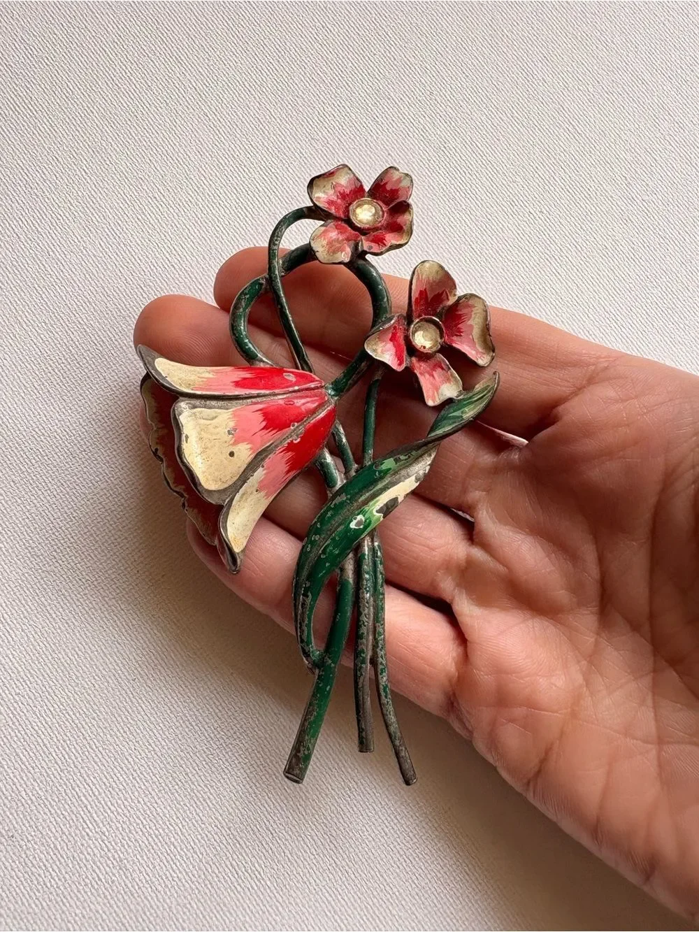 Vintage Floral Enamel Bouquet Brooch Red Green Flower Pin Retro Statement Pin